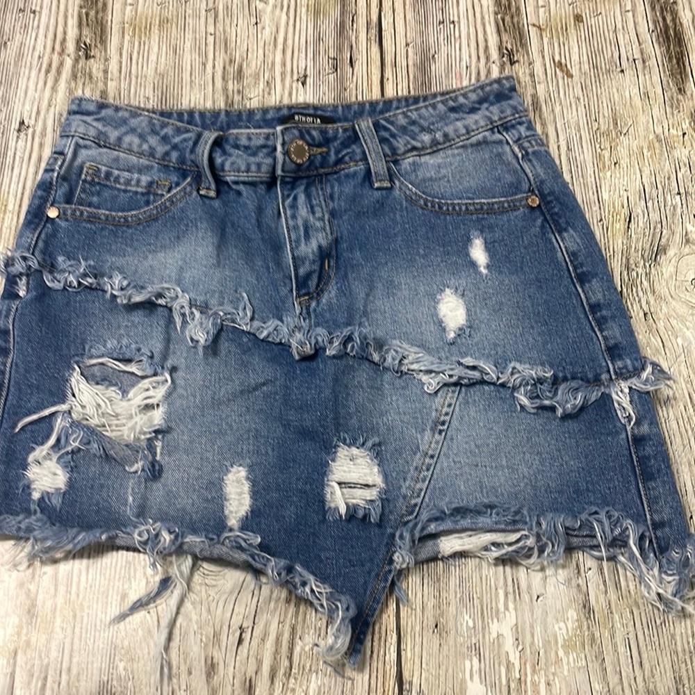 8th of LA Distressed Frayed Jean Skirt m